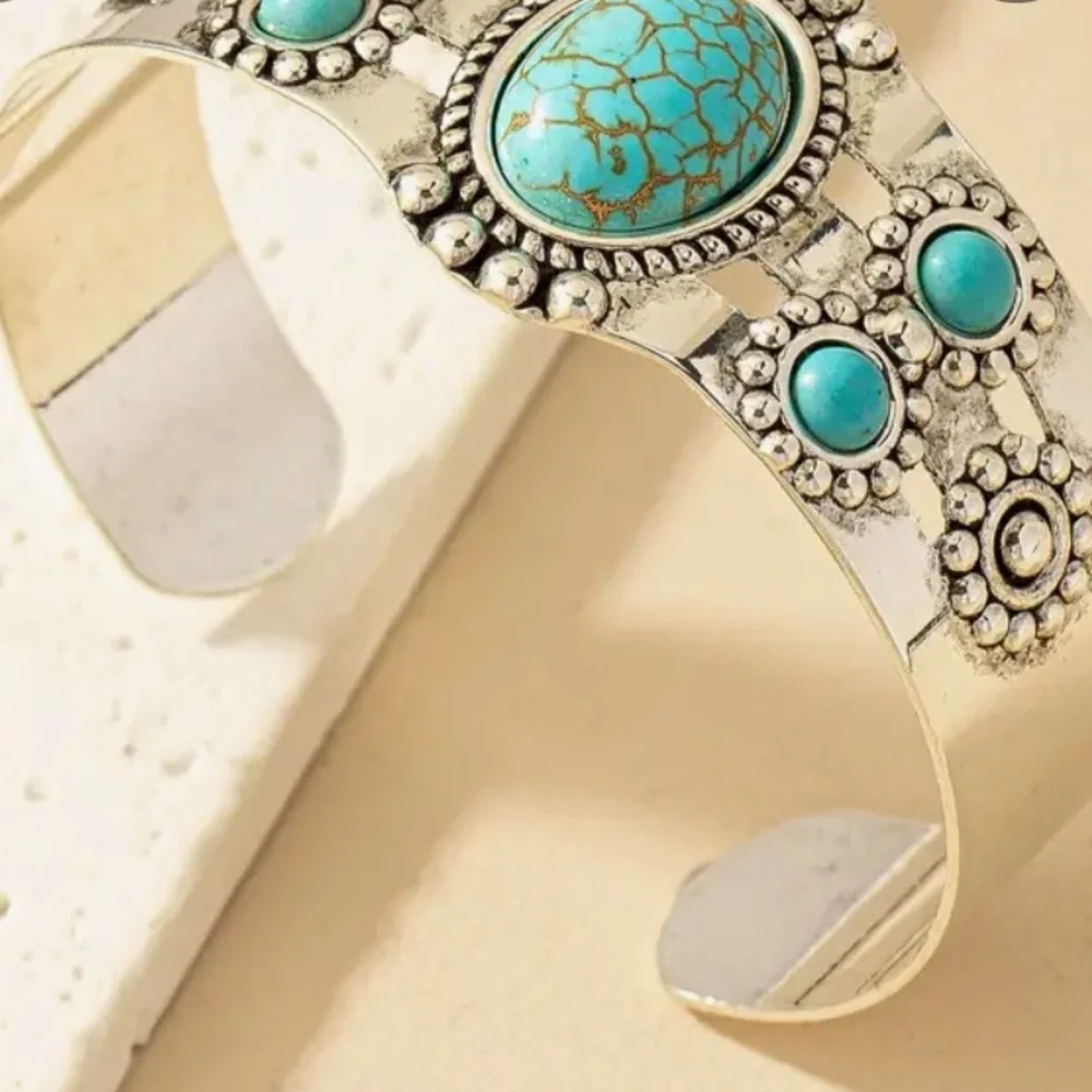 TURQUOISE & Silver Embossed Open Cuff Adjustable Bangle Bracelet NIB